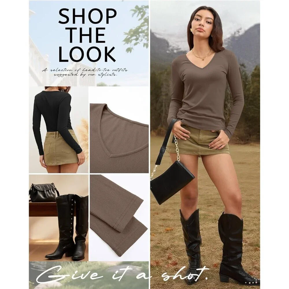 Women's Cotton V Neck Long Sleeve T Shirts 3 Pack Slim Fit Layering Basic